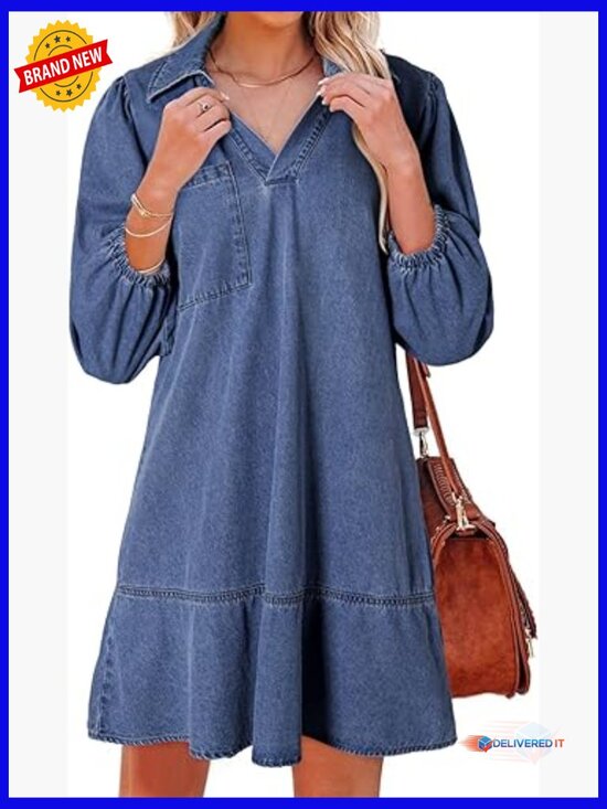 Dresses & Skirts - V Neck 3/4 Puff Sleeve Babydoll Denim Dress